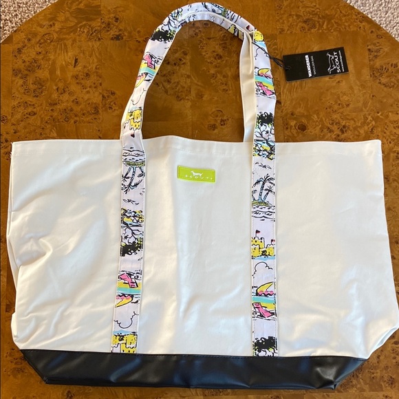 Scout large wanderer shoulder Tote Bag. “Out of Office” print on black and white - Picture 1 of 7